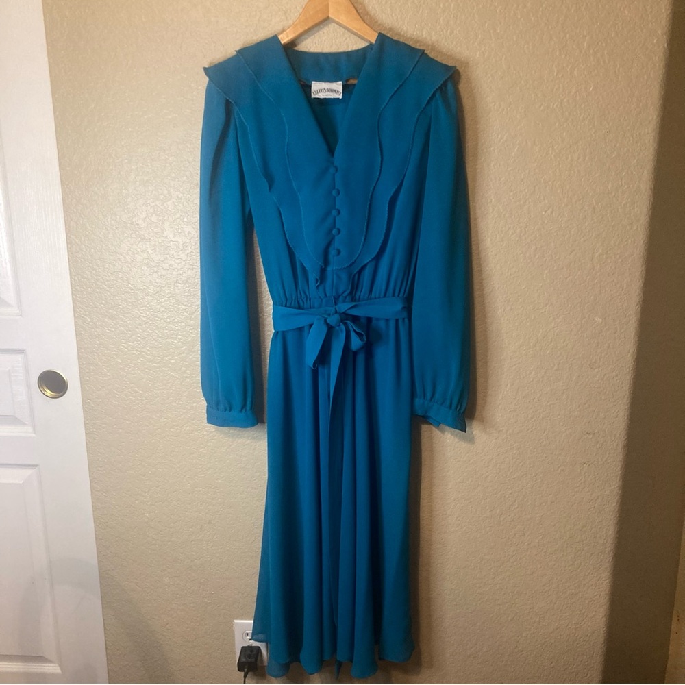 Vintage 70s Turquoise Pleated Chiffon Midi Dress Ruffle Prairie CottageCore XL
